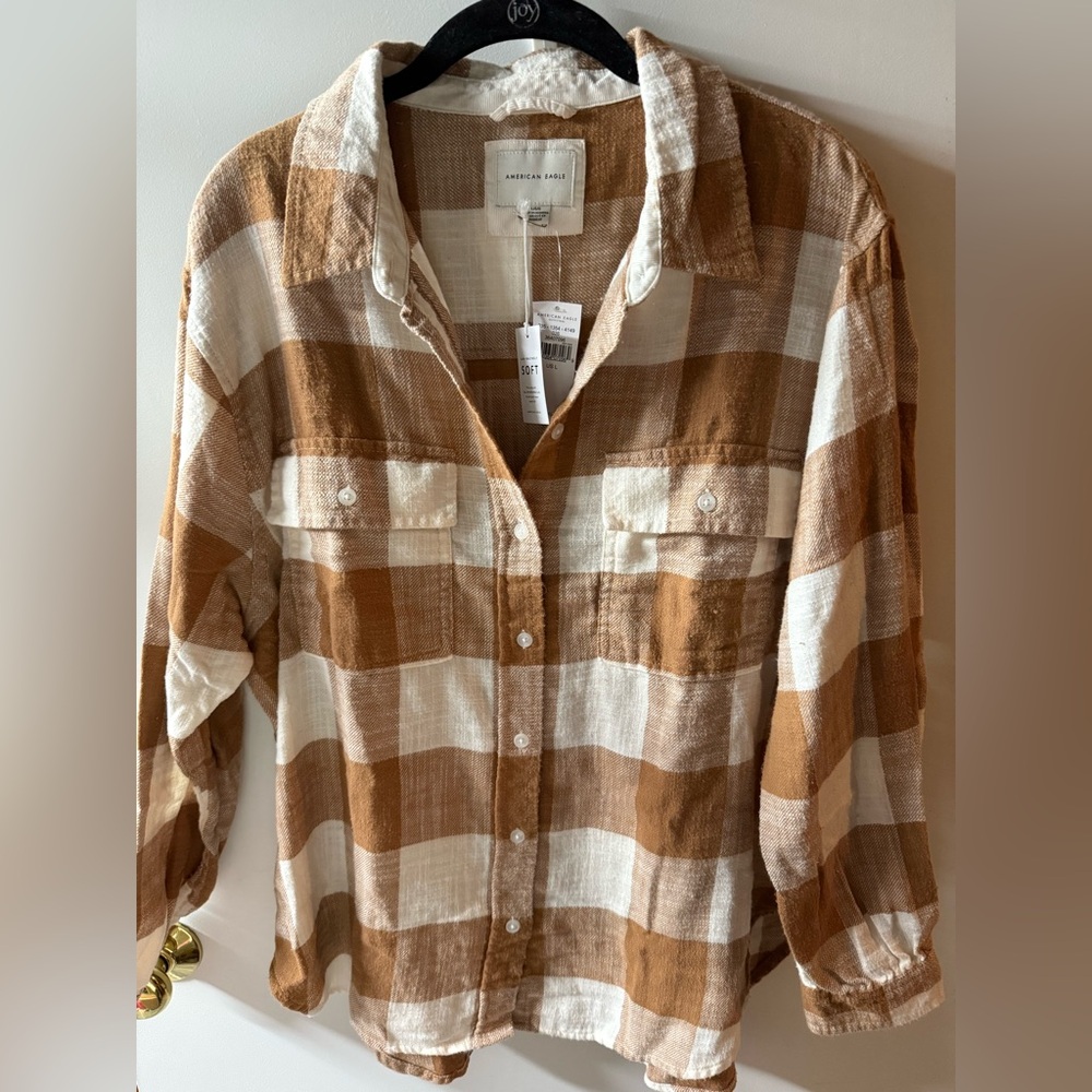 American Eagle Brown and White Plaid Shirt